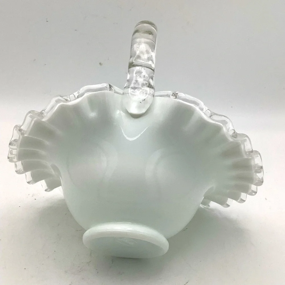 Vintage Fenton White Milk Glass Ruffled Edge Handled Basket